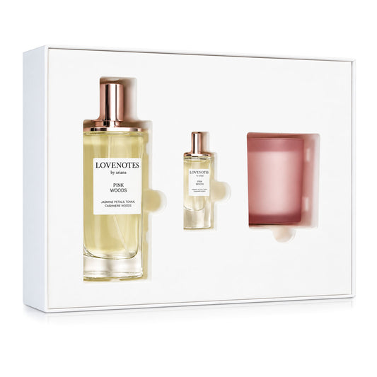 SET ARIANA GRANDE LOVE NOTES PINK WOODS EDP 125 ML + REPLICA 7.5 ML + VELA AROMÁTICA